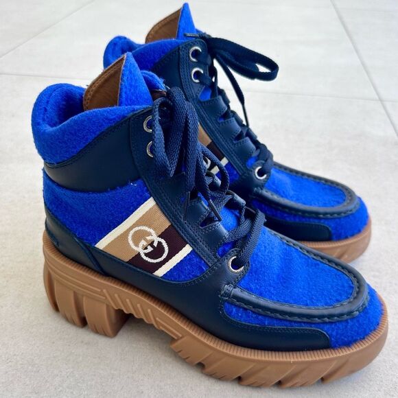 GUCCI GG Logo Ankle Combat Boots Romance Casy Blue Wool & Leather Lug Sole EU38 - Picture 1 of 11